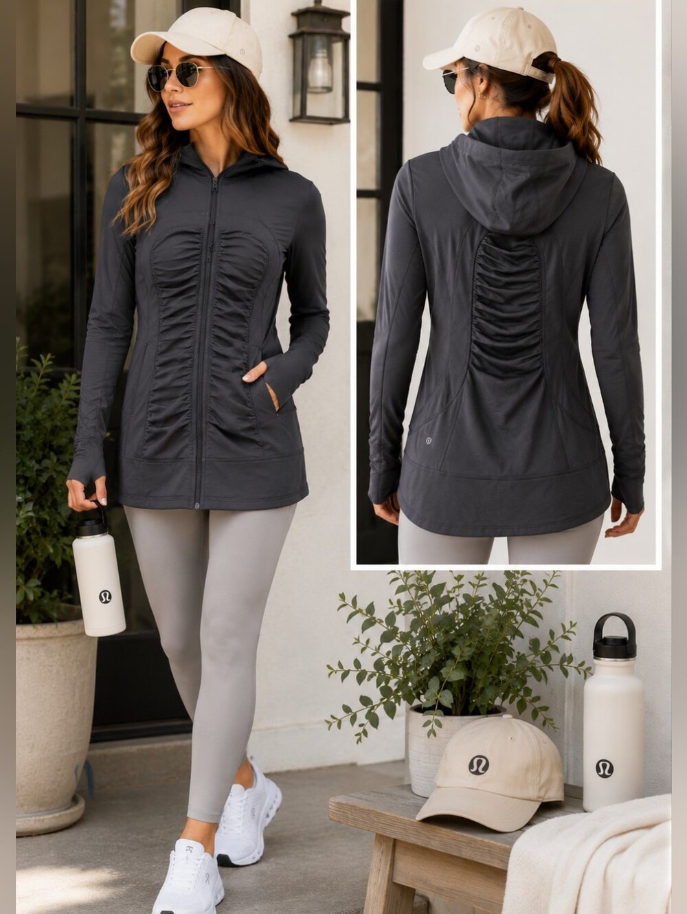 Lululemon Charcoal Grey Ruched Zip Hoodie Jacket Size 8 |Yoga Running Athleisurе